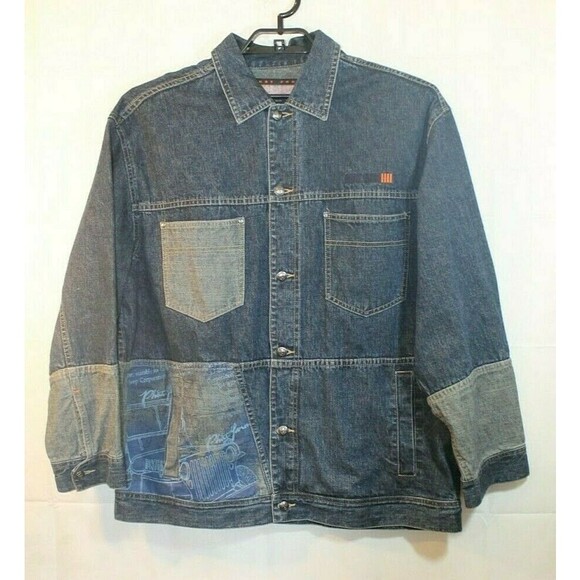 Vintage Y2K Phat Farm SUG Trucker Jacket Denim Graphic Jean Mens Coat Size XL - Picture 1 of 9